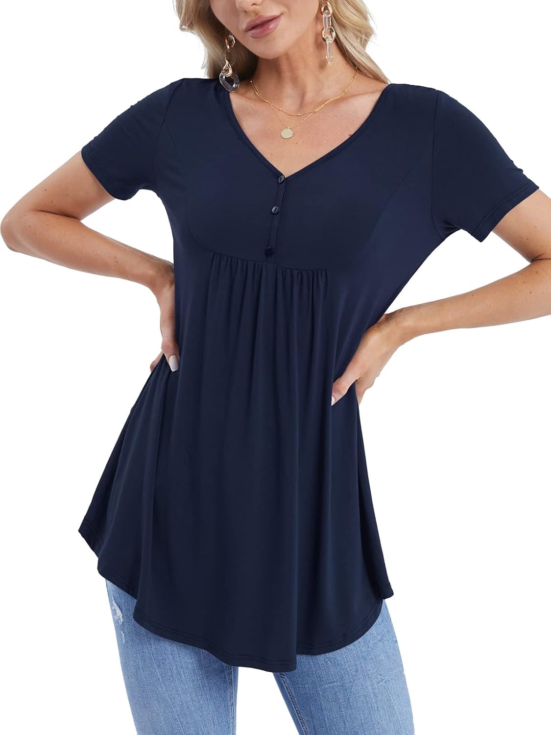 image:imageBAISHENGGT Womens V Neck Henley Tunic for Leggings Short Sleeve FlowyNavy Blue