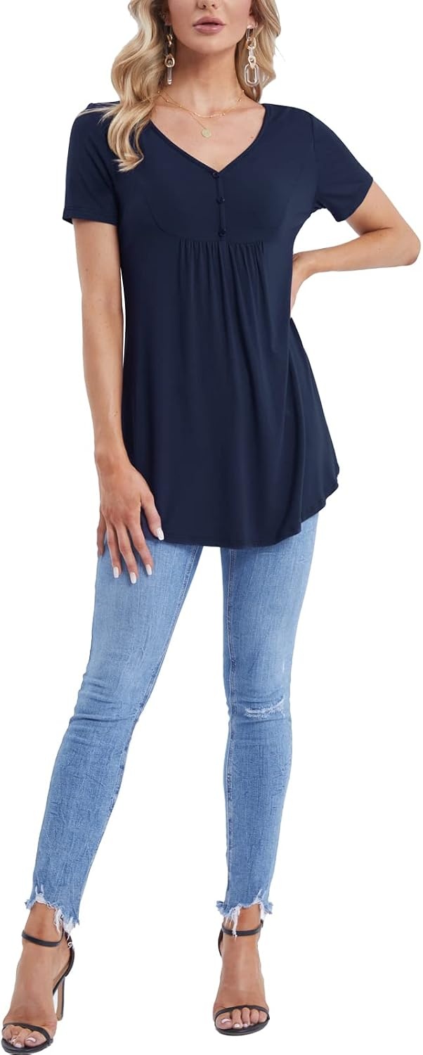 image:imageBAISHENGGT Womens V Neck Henley Tunic for Leggings Short Sleeve FlowyNavy Blue