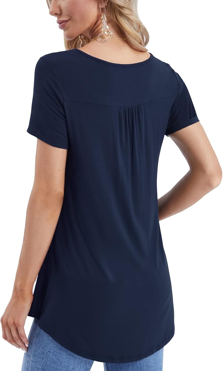 image:imageBAISHENGGT Womens V Neck Henley Tunic for Leggings Short Sleeve FlowyNavy Blue