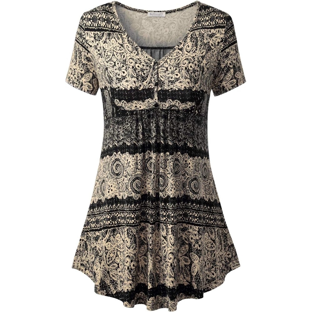 image:imageBAISHENGGT Womens V Neck Henley Tunic for Leggings Short Sleeve FlowyBlack  Tribal