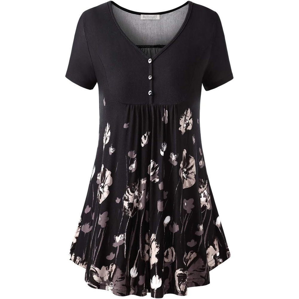 image:imageBAISHENGGT Womens V Neck Henley Tunic for Leggings Short Sleeve FlowyBlack Floral