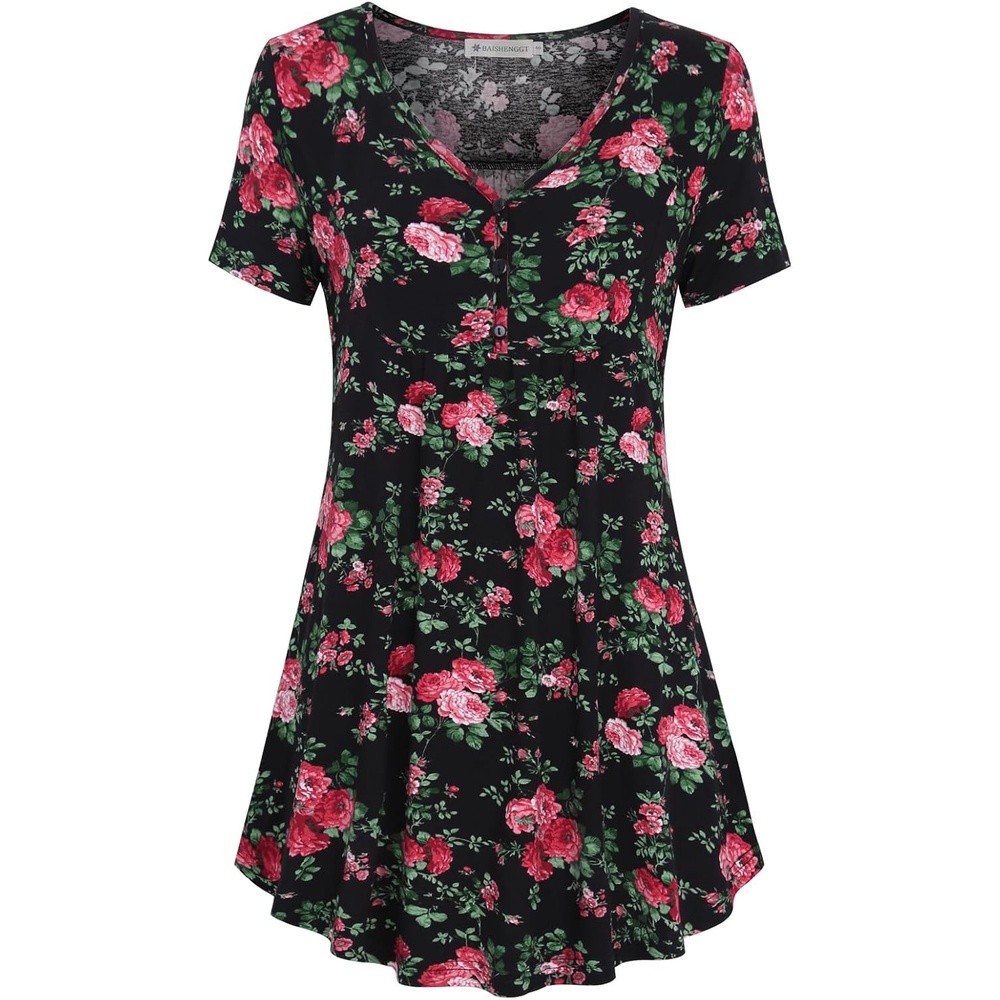 image:imageBAISHENGGT Womens V Neck Henley Tunic for Leggings Short Sleeve FlowyBlackred Floral