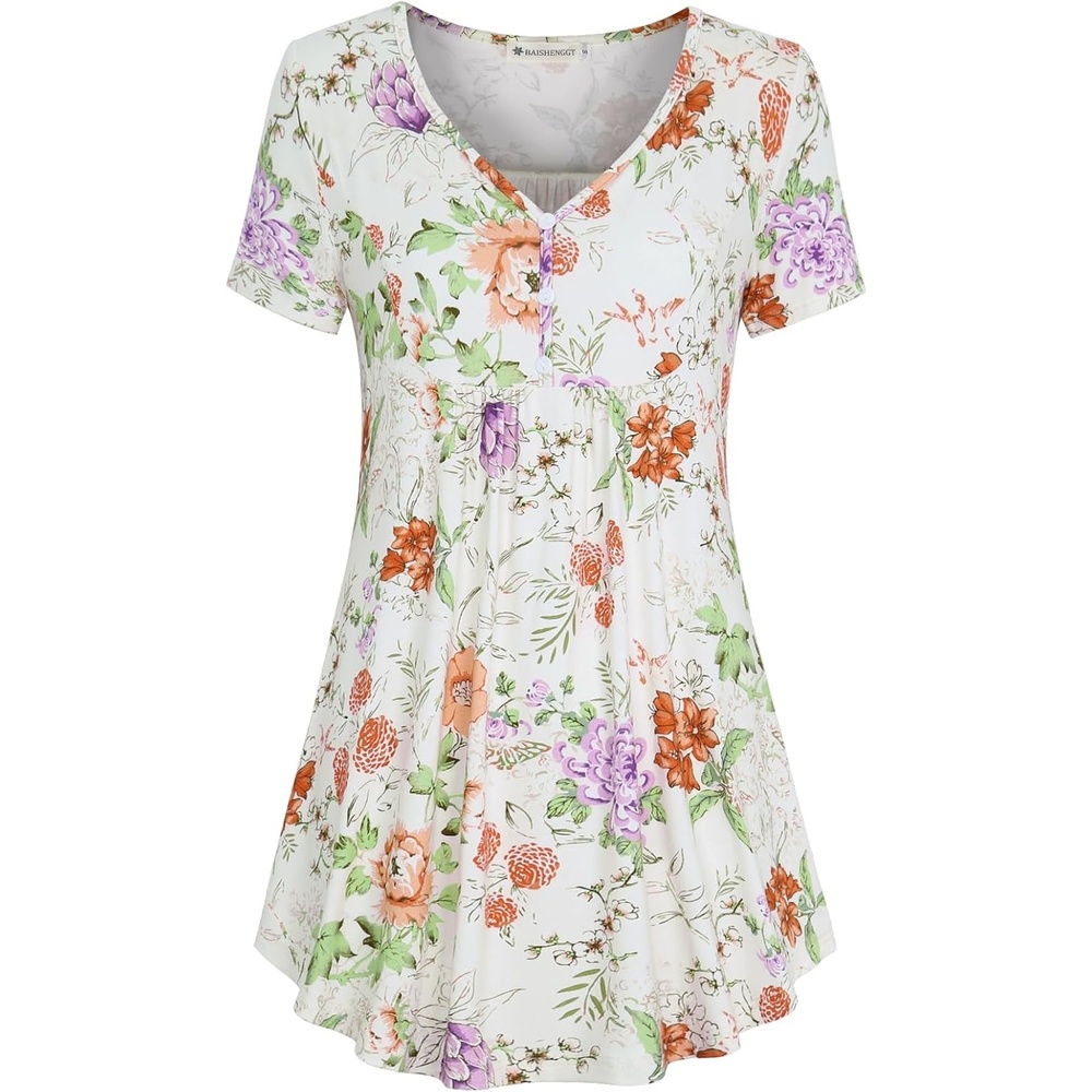 image:imageBAISHENGGT Womens V Neck Henley Tunic for Leggings Short Sleeve FlowyBlooming Flowers Print