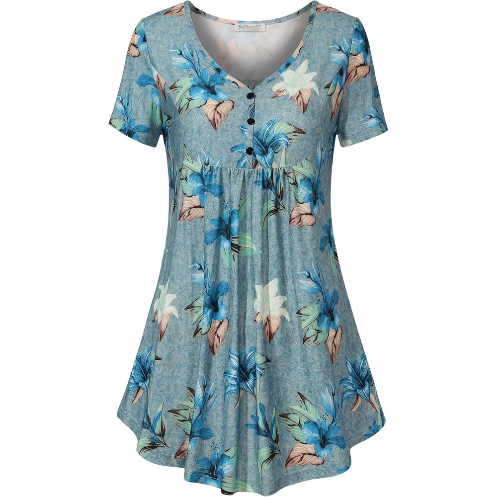 image:imageBAISHENGGT Womens V Neck Henley Tunic for Leggings Short Sleeve FlowyBlue Hibiscus