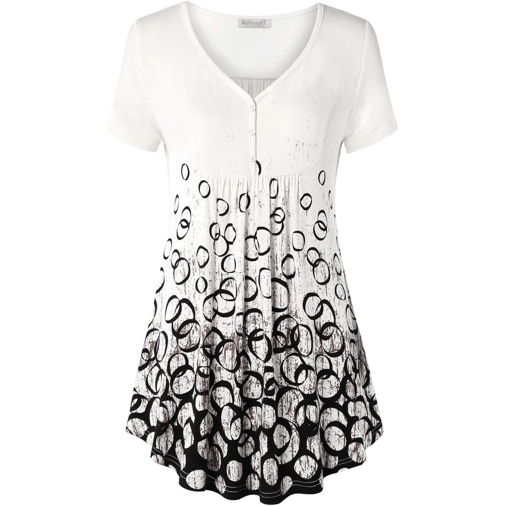 image:imageBAISHENGGT Womens V Neck Henley Tunic for Leggings Short Sleeve FlowyBubble Print