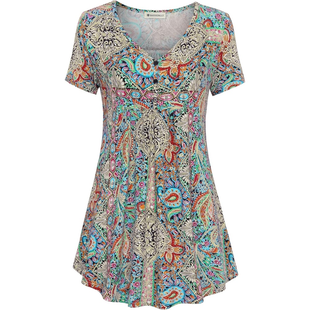 image:imageBAISHENGGT Womens V Neck Henley Tunic for Leggings Short Sleeve FlowyGreen Paisley