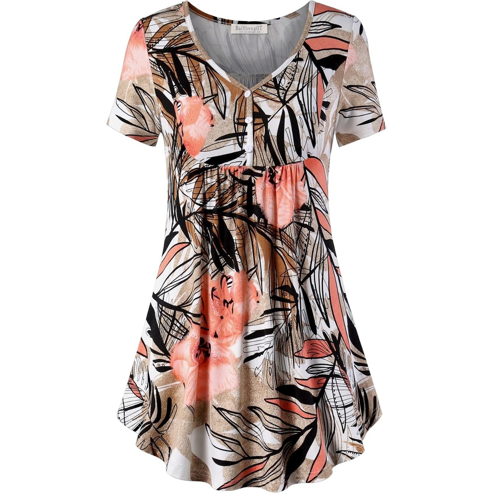image:imageBAISHENGGT Womens V Neck Henley Tunic for Leggings Short Sleeve FlowyKhaki Floral