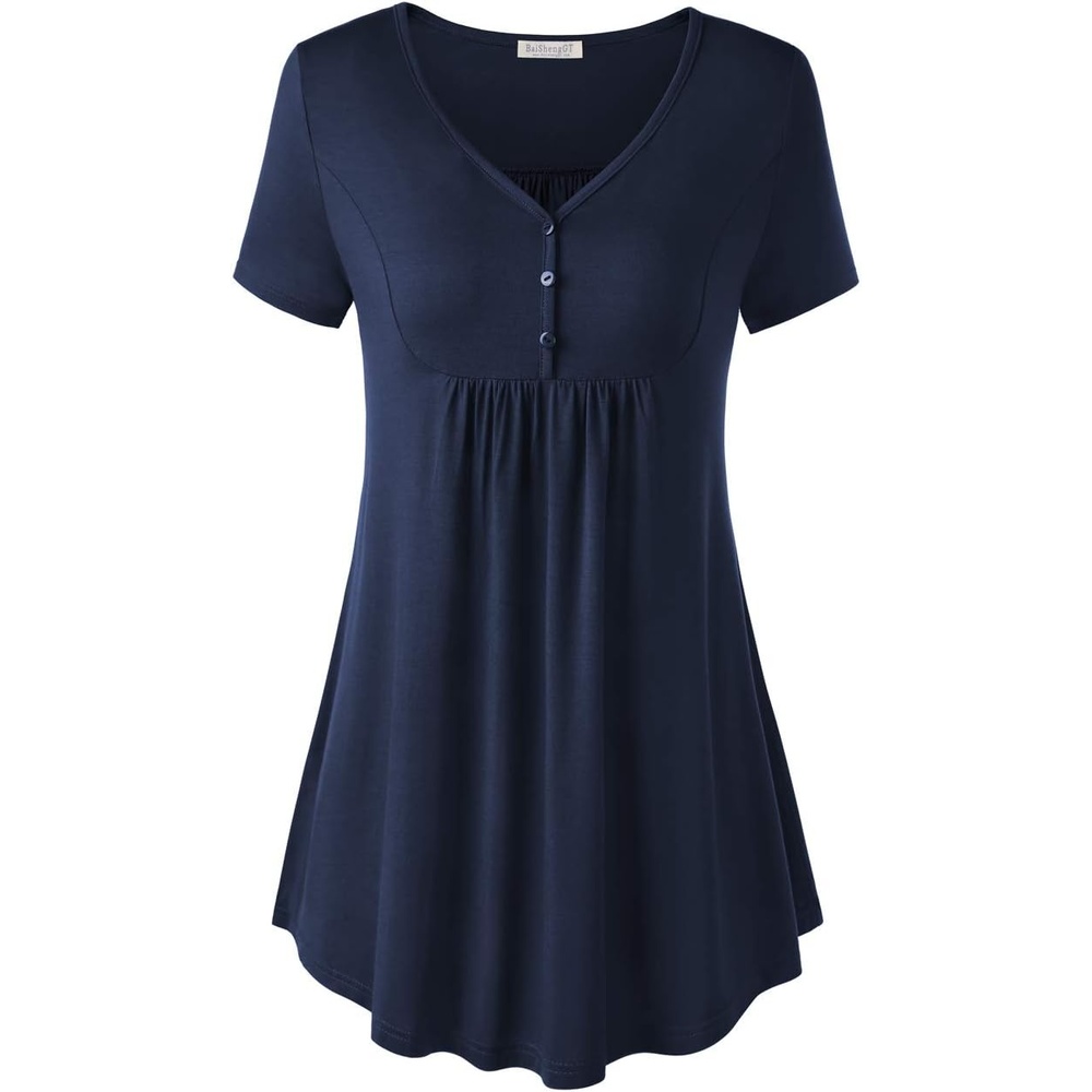 image:imageBAISHENGGT Womens V Neck Henley Tunic for Leggings Short Sleeve FlowyNavy Blue