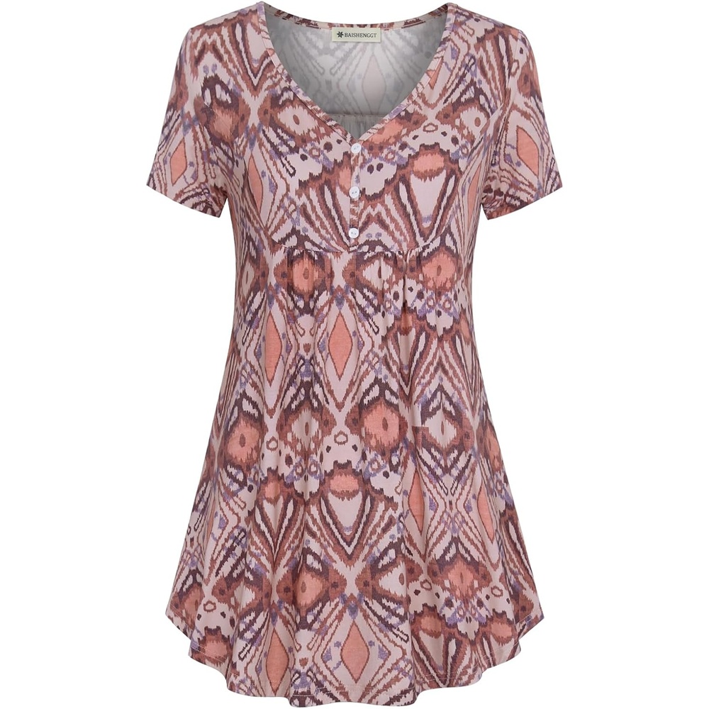 image:imageBAISHENGGT Womens V Neck Henley Tunic for Leggings Short Sleeve FlowyOrange Diamond Print