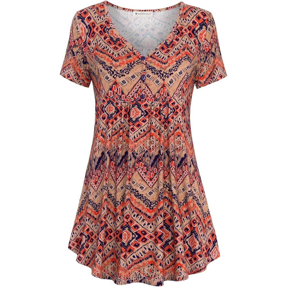 image:imageBAISHENGGT Womens V Neck Henley Tunic for Leggings Short Sleeve FlowyOrange Print