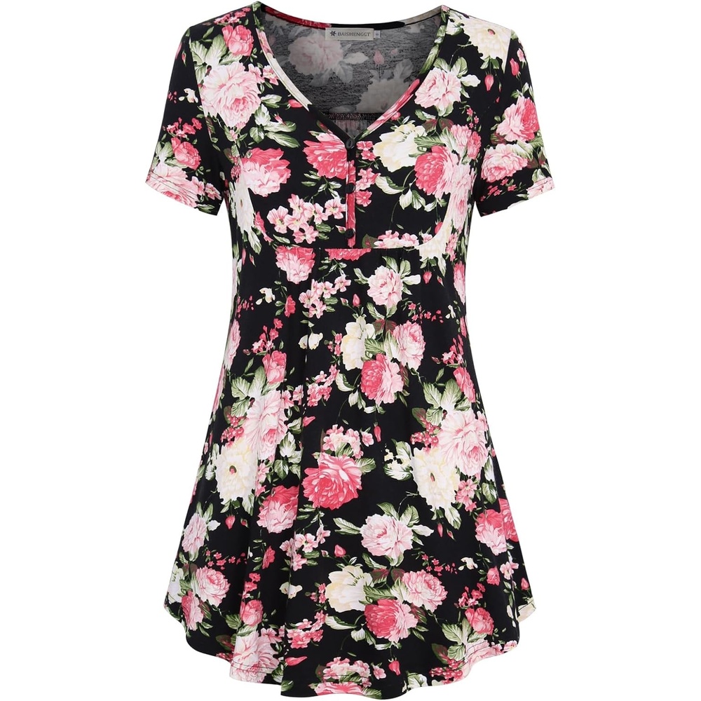 image:imageBAISHENGGT Womens V Neck Henley Tunic for Leggings Short Sleeve FlowyPeony Print