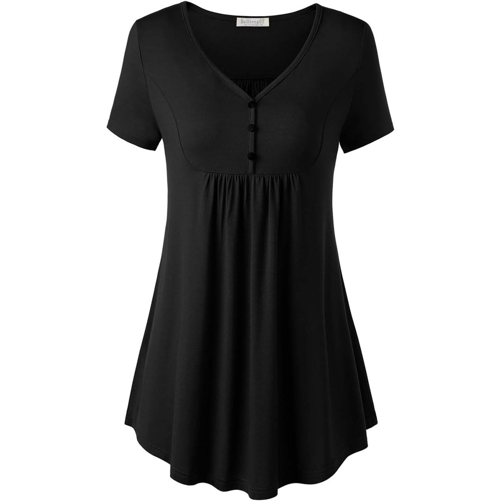 image:imageBAISHENGGT Womens V Neck Henley Tunic for Leggings Short Sleeve FlowySolid Black