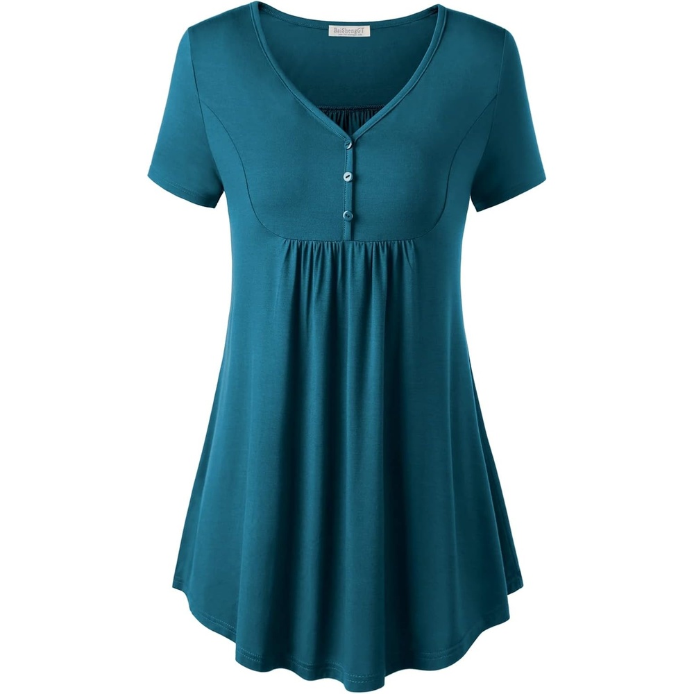 image:imageBAISHENGGT Womens V Neck Henley Tunic for Leggings Short Sleeve FlowyTeal