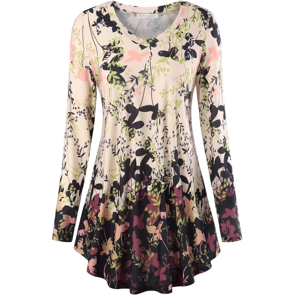 image:imageBAISHENGGT Womens VNeck Tunic for Leggings Fit and Flare Long SleeveAprioct Floral