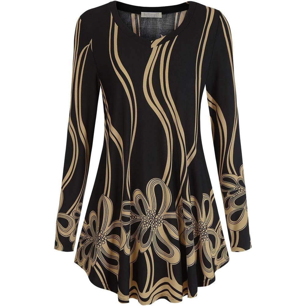 image:imageBAISHENGGT Womens VNeck Tunic for Leggings Fit and Flare Long SleeveBlack Yellow Lines