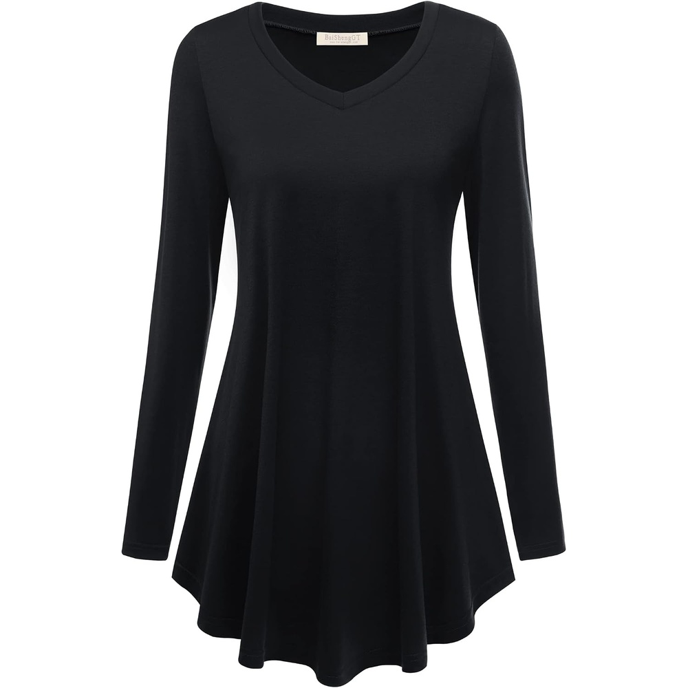 image:imageBAISHENGGT Womens VNeck Tunic for Leggings Fit and Flare Long SleeveBlack