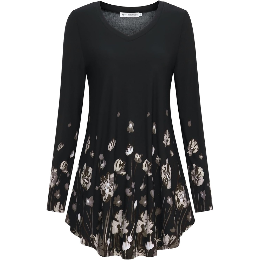 image:imageBAISHENGGT Womens VNeck Tunic for Leggings Fit and Flare Long SleeveBlack Floral