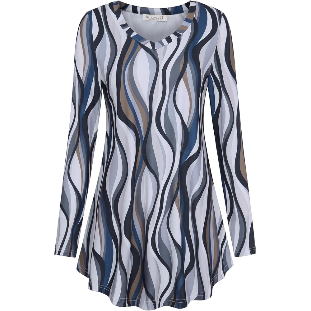image:imageBAISHENGGT Womens VNeck Tunic for Leggings Fit and Flare Long SleeveBlue Grey Stripe