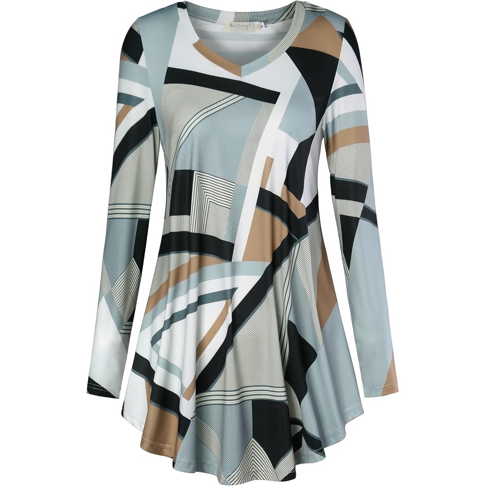 image:imageBAISHENGGT Womens VNeck Tunic for Leggings Fit and Flare Long SleeveGeometry Print