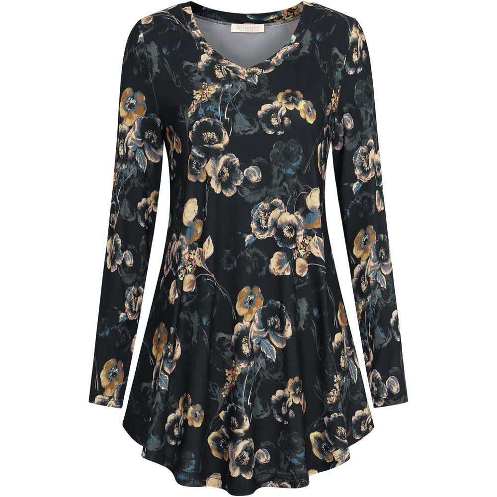 image:imageBAISHENGGT Womens VNeck Tunic for Leggings Fit and Flare Long SleeveGold Floral