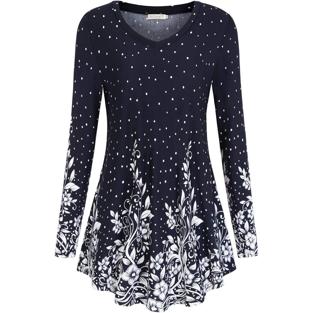 image:imageBAISHENGGT Womens VNeck Tunic for Leggings Fit and Flare Long SleeveNavy Floral