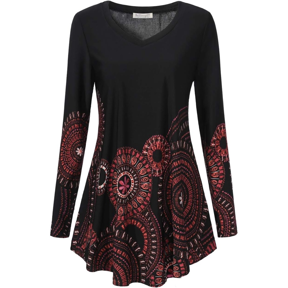 image:imageBAISHENGGT Womens VNeck Tunic for Leggings Fit and Flare Long SleeveRed Circle Floral