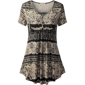 BAISHENGGT Women’s V Neck Henley Tunic for Leggings, Short Sleeve Flowy(Black – Tribal)