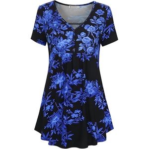 BAISHENGGT Women’s V Neck Henley Tunic for Leggings, Short Sleeve Flowy(Black-blue Floral)
