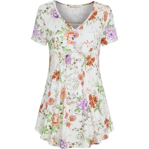 BAISHENGGT Women’s V Neck Henley Tunic for Leggings, Short Sleeve Flowy(Blooming Flowers Print)
