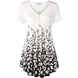 BAISHENGGT Women’s V Neck Henley Tunic for Leggings, Short Sleeve Flowy(Bubble Print)