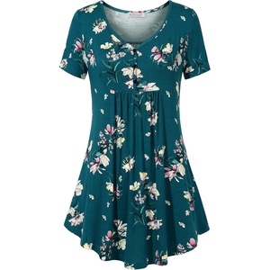 BAISHENGGT Women’s V Neck Henley Tunic for Leggings, Short Sleeve Flowy(Deep Lake Floral)