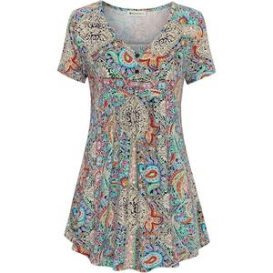 BAISHENGGT Women’s V Neck Henley Tunic for Leggings, Short Sleeve Flowy(Green Paisley)