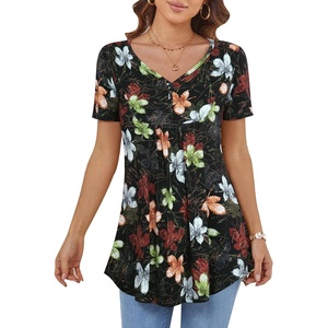BAISHENGGT Women’s V Neck Henley Tunic for Leggings, Short Sleeve Flowy(Maple Leaf Print)