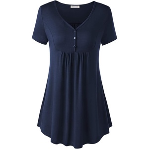 BAISHENGGT Women’s V Neck Henley Tunic for Leggings, Short Sleeve Flowy(Navy Blue)