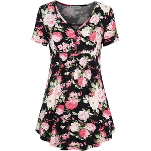 BAISHENGGT Women’s V Neck Henley Tunic for Leggings, Short Sleeve Flowy(Peony Print)