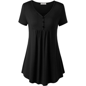 BAISHENGGT Women’s V Neck Henley Tunic for Leggings, Short Sleeve Flowy(Solid Black)