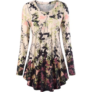 BAISHENGGT Women’s V-Neck Tunic for Leggings, Fit and Flare Long Sleeve(Aprioct Floral)