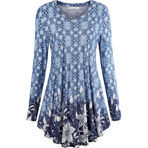 BAISHENGGT Women’s V-Neck Tunic for Leggings, Fit and Flare Long Sleeve(Blue Floral)