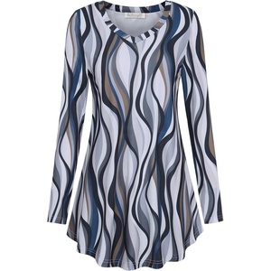 BAISHENGGT Women’s V-Neck Tunic for Leggings, Fit and Flare Long Sleeve(Blue Grey Stripe)