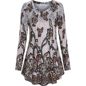 BAISHENGGT Women’s V-Neck Tunic for Leggings, Fit and Flare Long Sleeve(Coffee Floral)