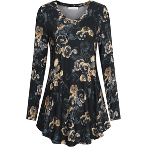 BAISHENGGT Women’s V-Neck Tunic for Leggings, Fit and Flare Long Sleeve(Gold Floral)