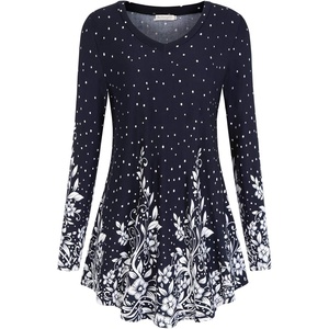 BAISHENGGT Women’s V-Neck Tunic for Leggings, Fit and Flare Long Sleeve(Navy Floral)