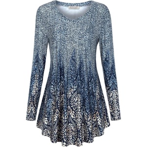BAISHENGGT Women’s V-Neck Tunic for Leggings, Fit and Flare Long Sleeve(Navy Tribal)