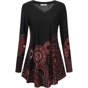 BAISHENGGT Women’s V-Neck Tunic for Leggings, Fit and Flare Long Sleeve(Red Circle Floral)