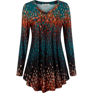 BAISHENGGT Women’s V-Neck Tunic for Leggings, Fit and Flare Long Sleeve(Teal Pattern)