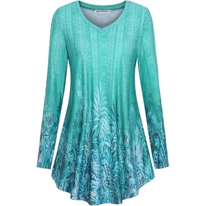 BAISHENGGT Women’s V-Neck Tunic for Leggings, Fit and Flare Long Sleeve(Turquoise Floral)