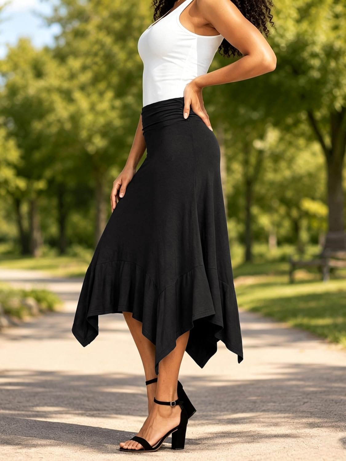 image:imageBAISHENGGT Womens Flowy ALine Midi Skirt Asymmetrical Hem CasualBlack