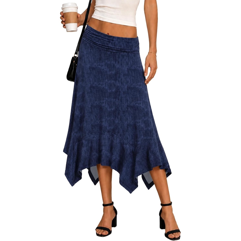 image:imageBAISHENGGT Womens Flowy ALine Midi Skirt Asymmetrical Hem CasualDenim Print