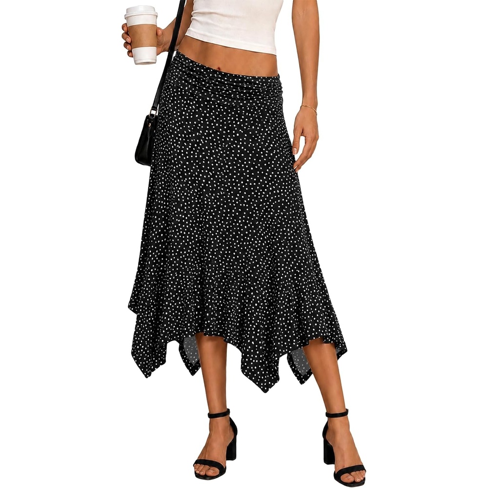 image:imageBAISHENGGT Womens Flowy ALine Midi Skirt Asymmetrical Hem CasualDot Print