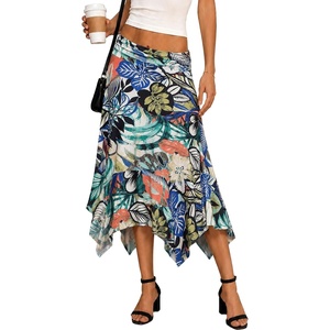 BAISHENGGT Women’s Flowy A-Line Midi Skirt, Asymmetrical Hem Casual(Leaves Print)
